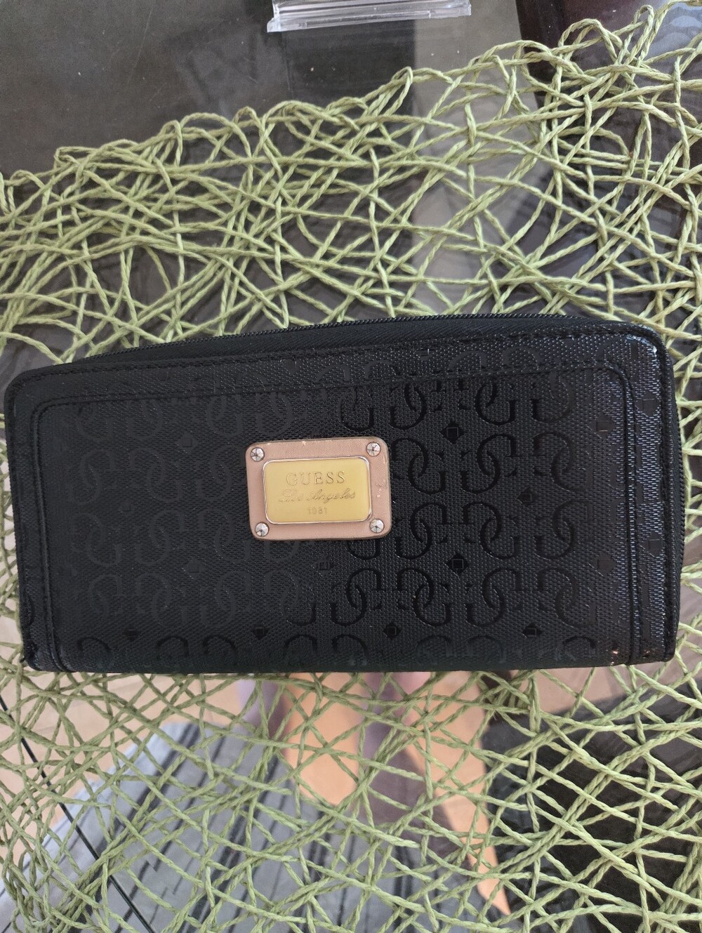 Guess Black Vintage Logo Zip-Around Wallet with Gold Plaque Very Good